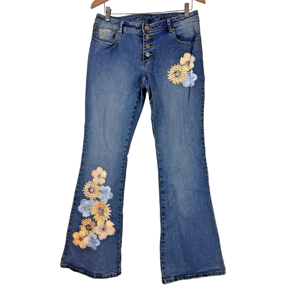 Vintage Rocawear Blue Jeans Womens 5/6 Denim Flare Bootcut Floral Low Rise